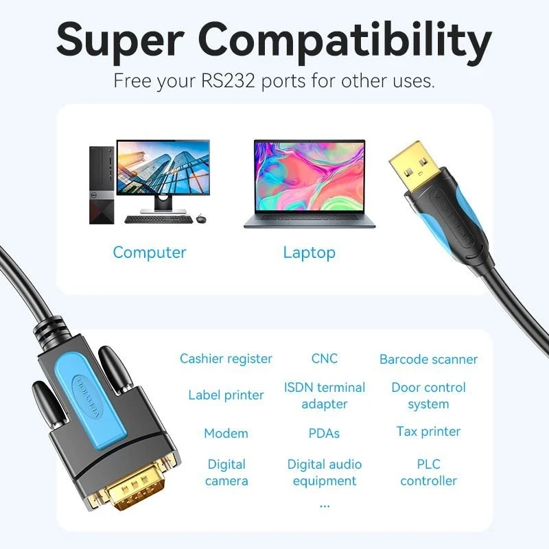 Кабель USB 2.0 AM - RS-232 M, 2.0м, PVC, Vention (VAS-C02-B200) Чорний на малюнкі №4