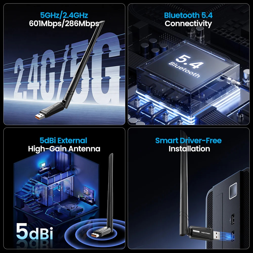 Адаптер WiFi/Bluetooth 5.4 Vention 2.4GHz/5GHz 286/601 Мбіт/с, USB (KDXB0) на малюнкі №6
