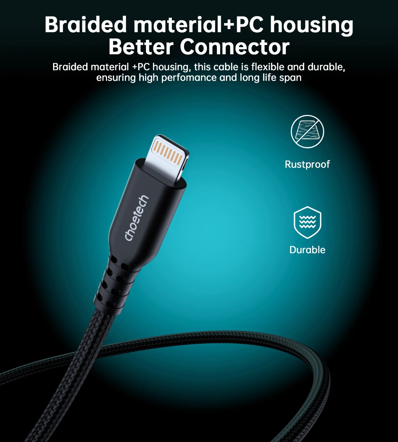 Кабель USB3.1 Type-C M-Lightning M, 1.8 м, MFi PD 20W, обплетення, чорний Choetech (XCL-1021-BK) на малюнкі №5