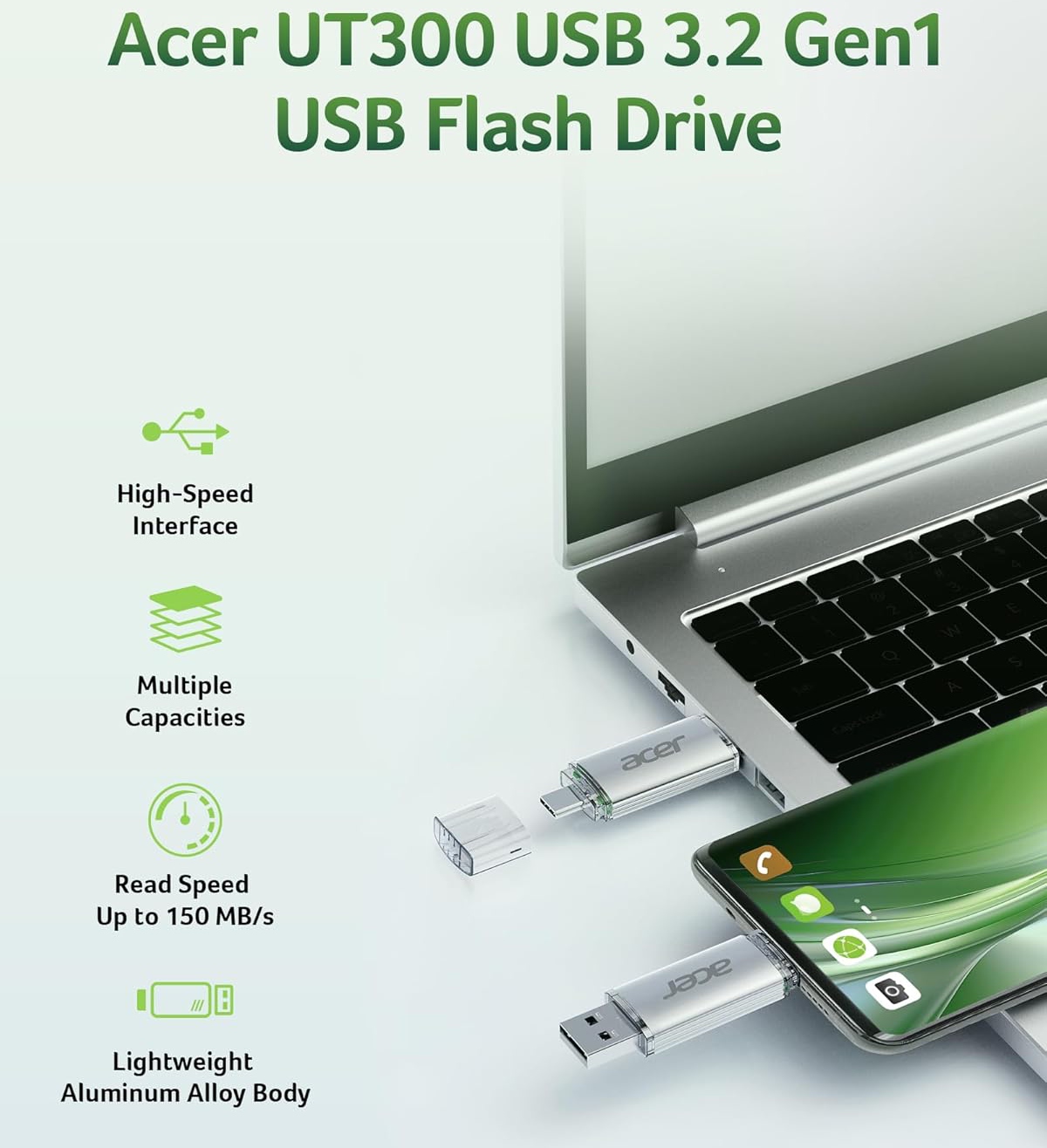 USB Flash Acer UT300 512GB Dual Drive USB-C&USB-A USB 3.2 Gen1, Retail (BL.9BWWA.592) Сірий на малюнкі №5