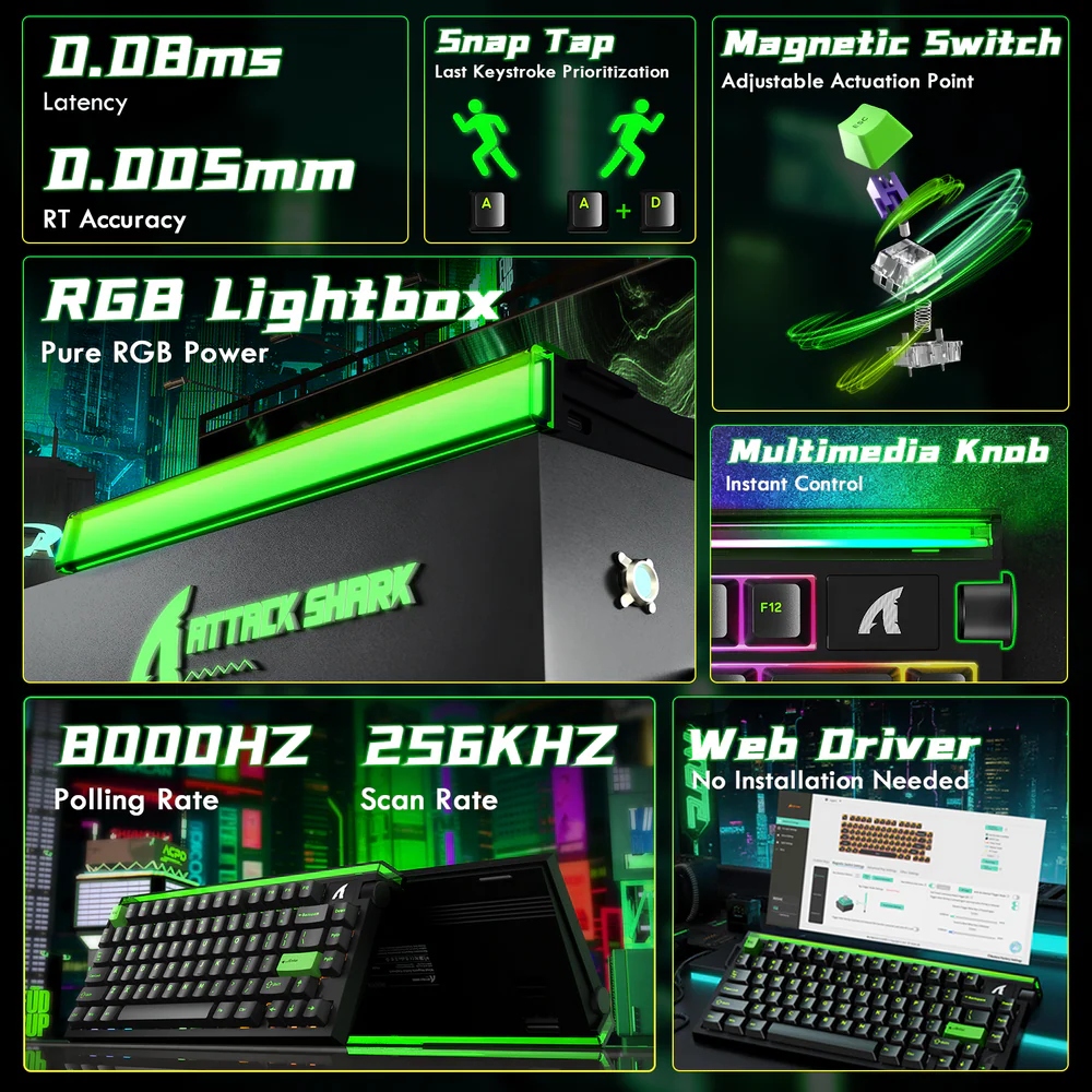 Клавіатура ігрова магнітна Attack Shark R85 HE 79кл. RGB, USB-C, Magnetic Switch Green (R85HEGRN_AS) Чорний на малюнкі №2