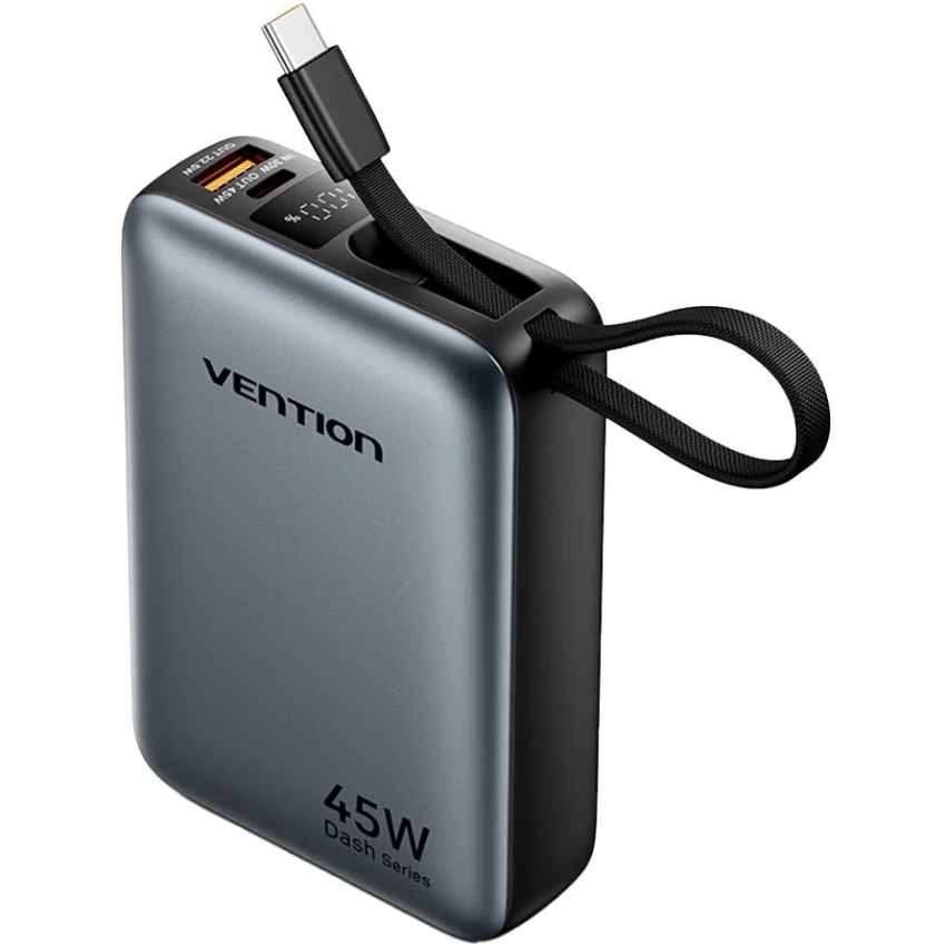 УМБ Vention 20000mAh 45W PD3.1, USB-A, USB-C In/Out, with Built-in USB-C cable Gray (FHGH0) на малюнкі №1