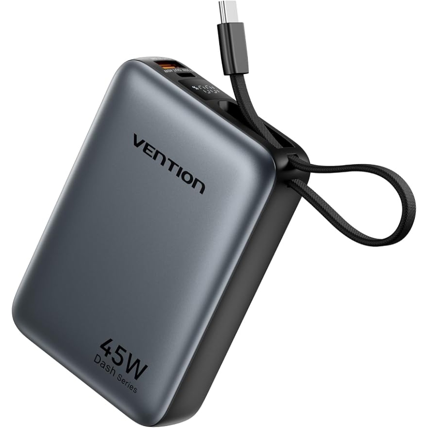 УМБ Vention 20000mAh 45W PD3.1, USB-A, USB-C In/Out, with Built-in USB-C cable Gray (FHGH0) на малюнкі №2