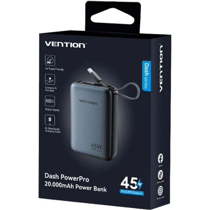 УМБ Vention 20000mAh 45W PD3.1, USB-A, USB-C In/Out, with Built-in USB-C cable Gray (FHGH0) на малюнкі №3
