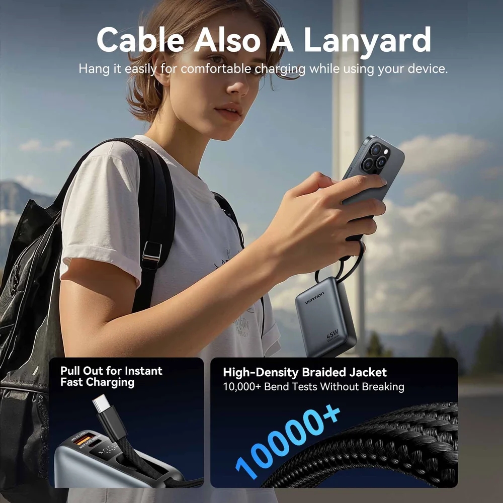 УМБ Vention 20000mAh 45W PD3.1, USB-A, USB-C In/Out, with Built-in USB-C cable Gray (FHGH0) на малюнкі №6