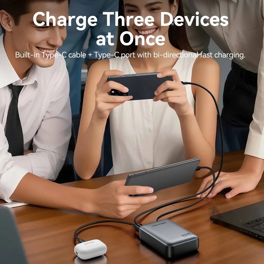 УМБ Vention 20000mAh 45W PD3.1, USB-A, USB-C In/Out, with Built-in USB-C cable Gray (FHGH0) на малюнкі №9