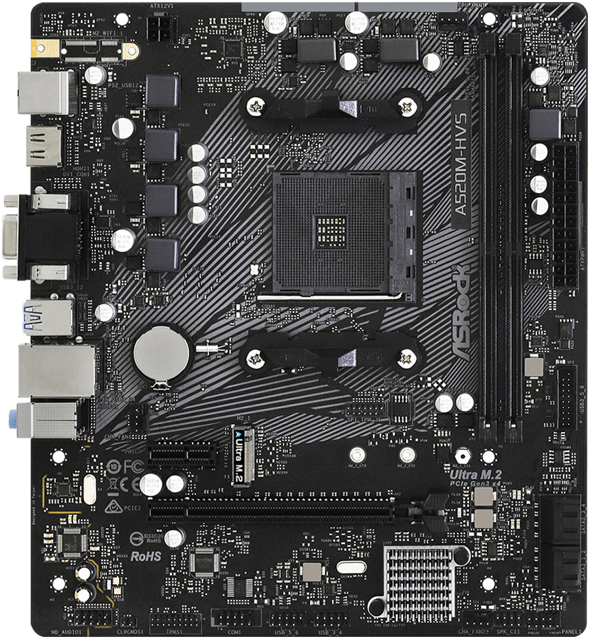 ASRock (AM4/A520, 2*DDR4, PCIex16, D-Sub/HDMI, 4xSATA, M.2, GLan, 8ch, mATX) (A520M-HVS) на малюнкі №1