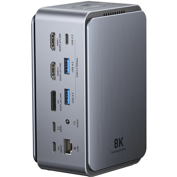 Док-станція USB3.2 Type-C -- HDMIx2, 8K30Hz/DP/USB-C3.2/2xUSB-A3.2/USB-A2.0/SD/TF/RJ45/3.5mm TRRS/P (TFXH0) на малюнкі №1