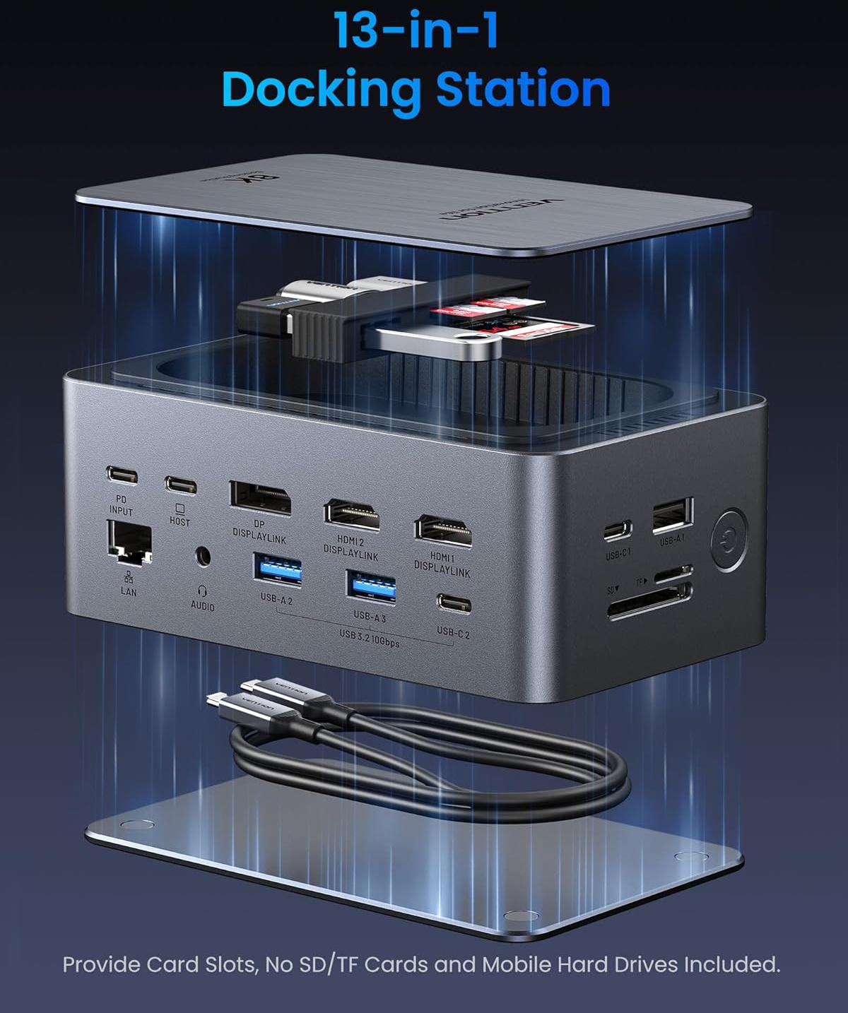 Док-станція USB3.2 Type-C -- HDMIx2, 8K30Hz/DP/USB-C3.2/2xUSB-A3.2/USB-A2.0/SD/TF/RJ45/3.5mm TRRS/P (TFXH0) на малюнкі №6