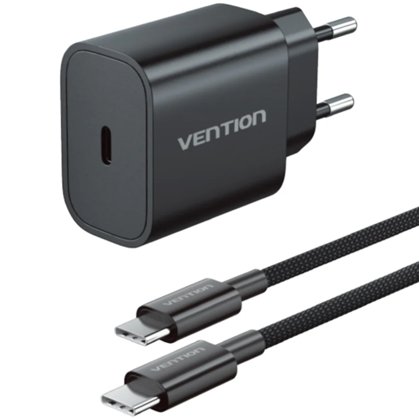 Зарядний пристрій 1xUSB-C 20W + USB-C to Lightning cable М-М Black Vention (G17B0-EU) на малюнкі №1