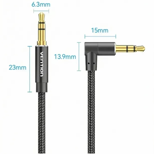 Кабель AUX Audio TRS M/M, кут 90°, 1.5м, Nylon Braided, чорний, Vention (BAZBG) Чорний на малюнкі №3