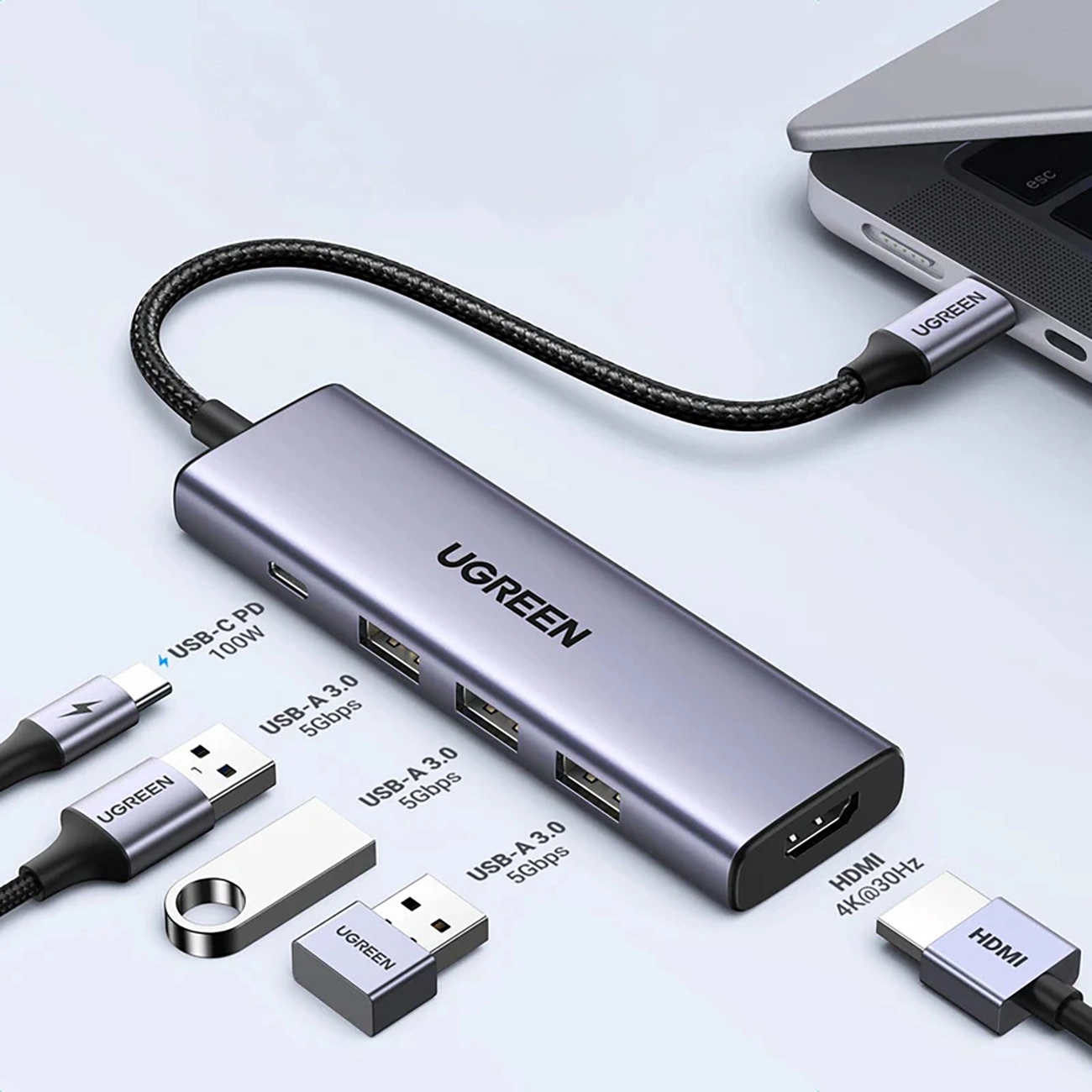 Док-станція USB3.1 Type-C -- HDMI 4K60Hz/3xUSB-А 3.0/Type-C/PD 100W 5-in-1 CM511 Ugreen (15597) на малюнкі №2