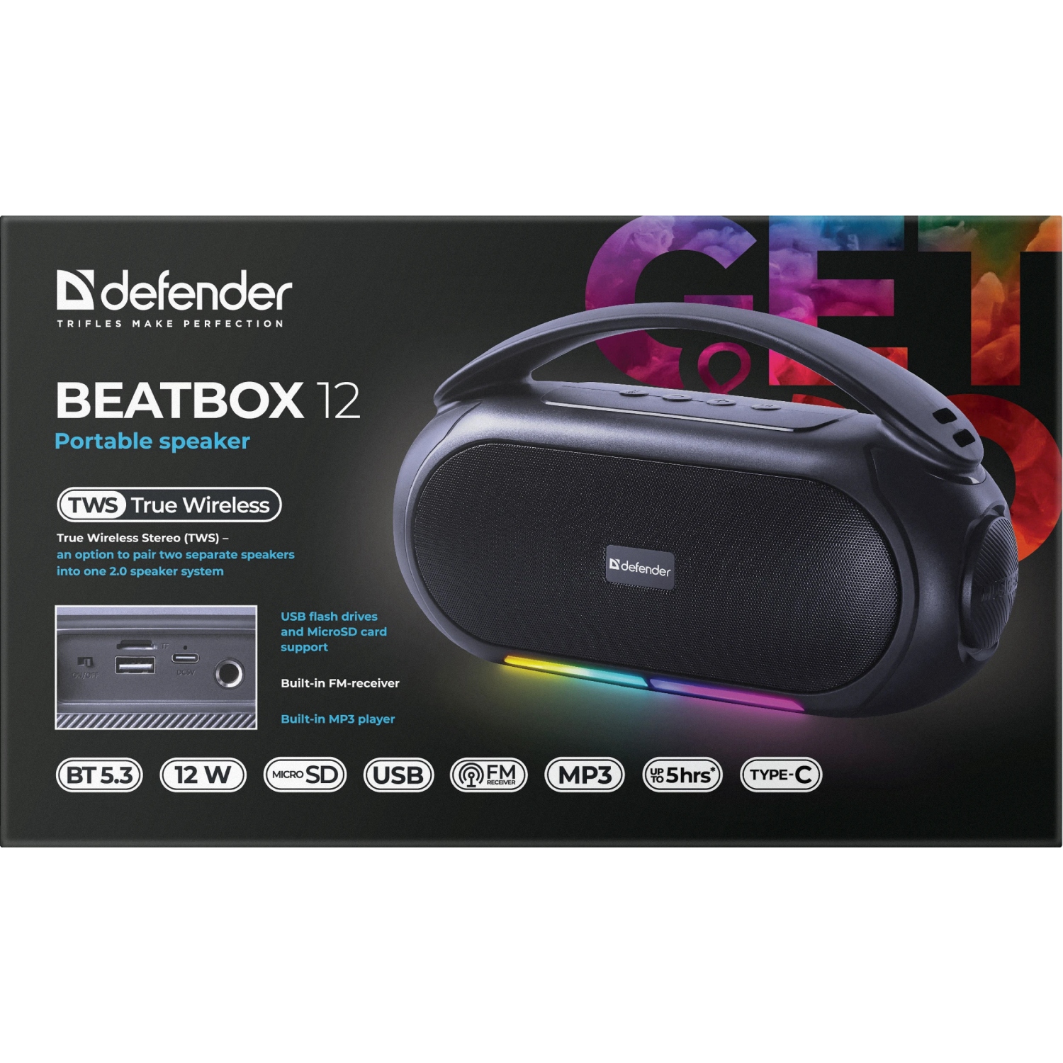 Акустична система 1.0 Defender Beatbox 12, 12Вт, Bluetooth/RGB/FM/USB/TF/MIC/ чорна (65812) Чорний на малюнкі №7