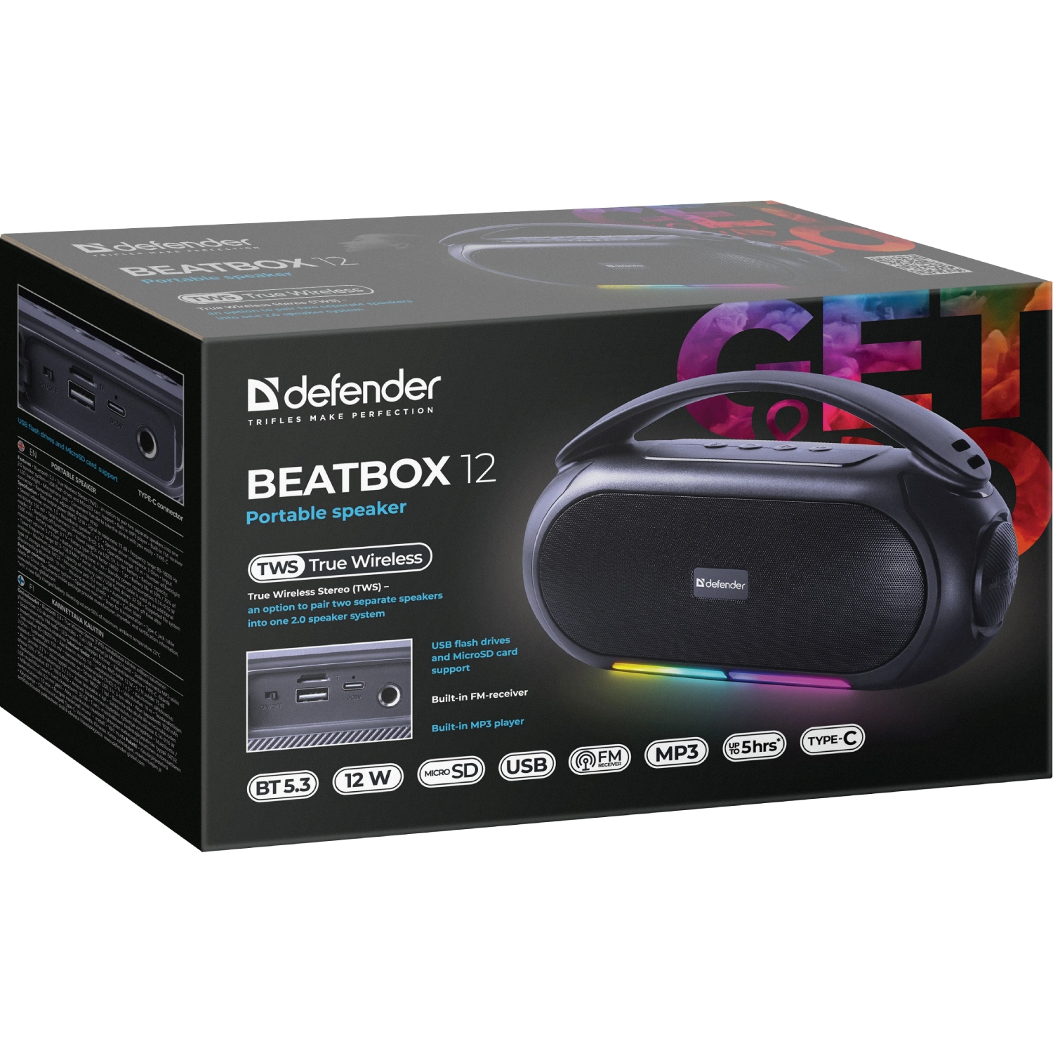 Акустична система 1.0 Defender Beatbox 12, 12Вт, Bluetooth/RGB/FM/USB/TF/MIC/ чорна (65812) Чорний на малюнкі №8