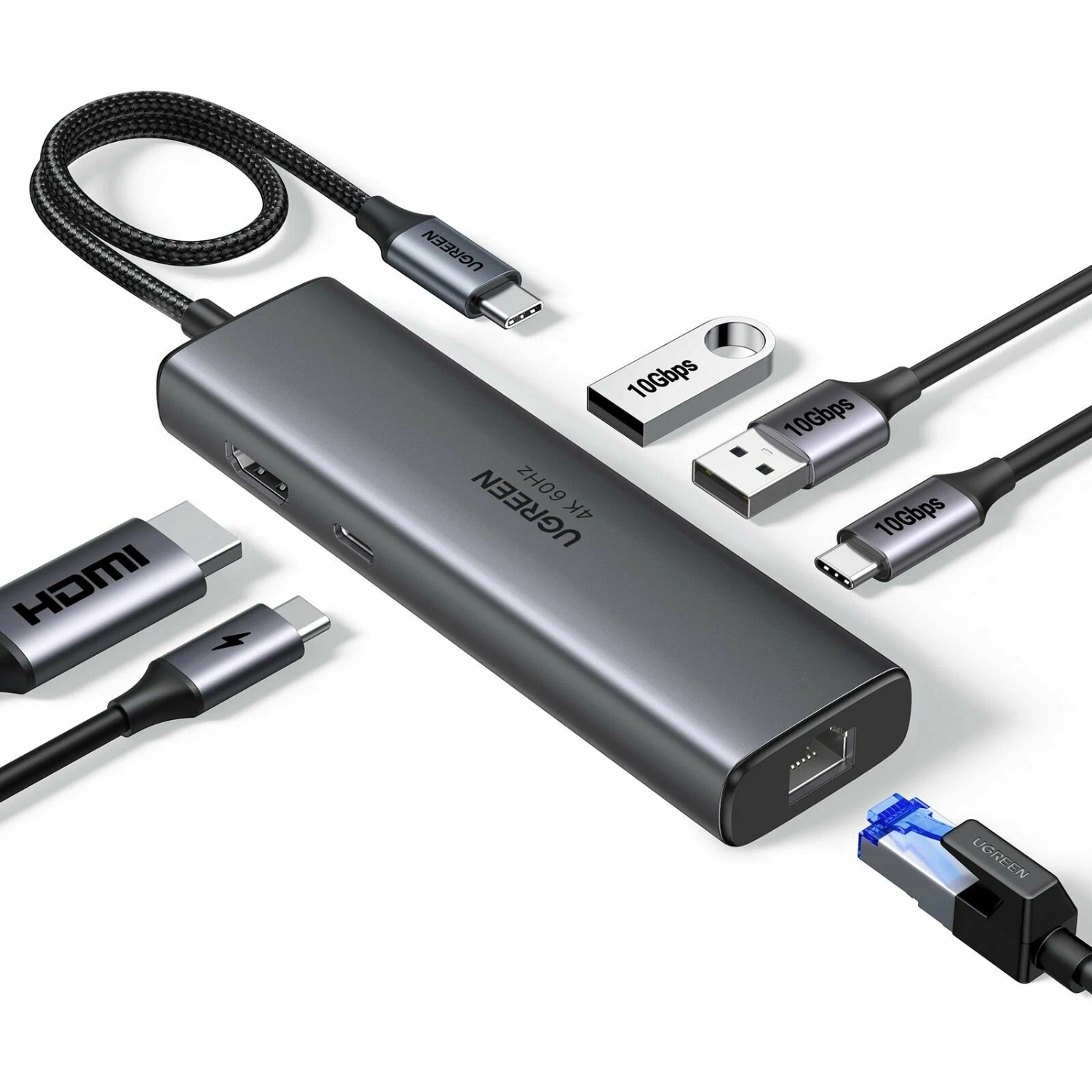 Док-станція USB3.2 Type-C - HDMI 4K60Hz/2xUSB-A 3.2/USB-C 3.2/RJ45/ PD 100W CM512 Ugreen (45000) на малюнкі №2