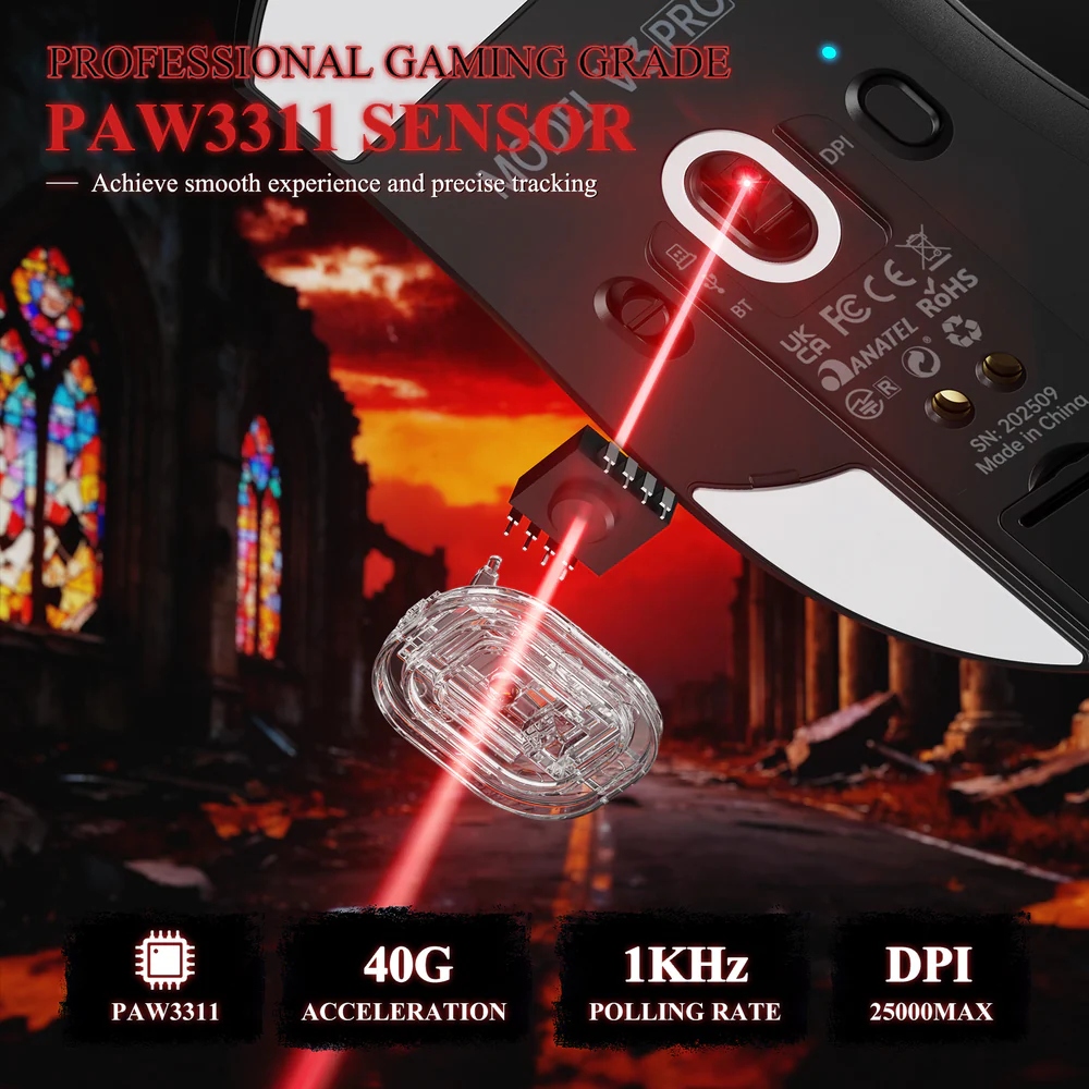 Мишка Attack Shark V3Pro Ultra-Light, Wireless/Bluetooth, 25000dpi. (PAW3311), 6кн, Black (V3PROB_AS) Чорний на малюнкі №4