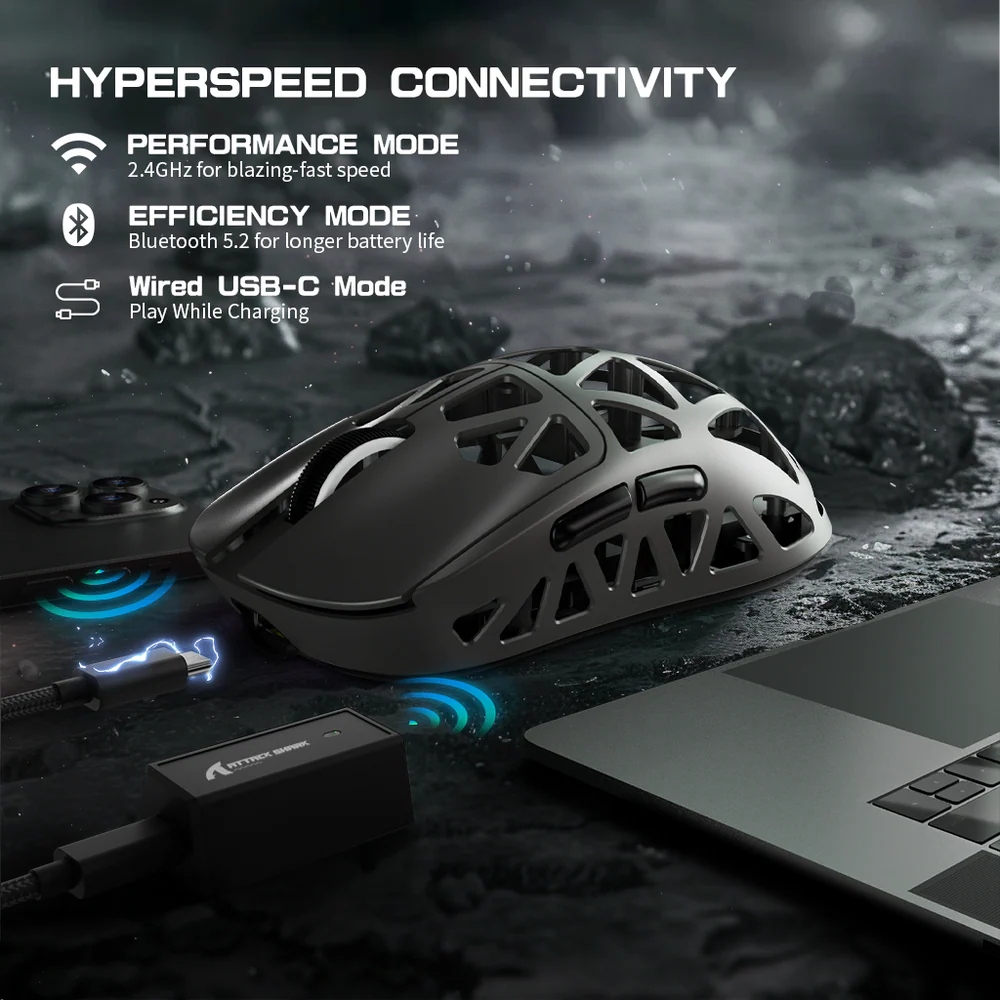 Мишка Attack Shark R2, Wireless/Bluetooth, 42000dpi. (PAW3950), 6кн, Silver gray (R2SGR_AS) Сірий на малюнкі №11
