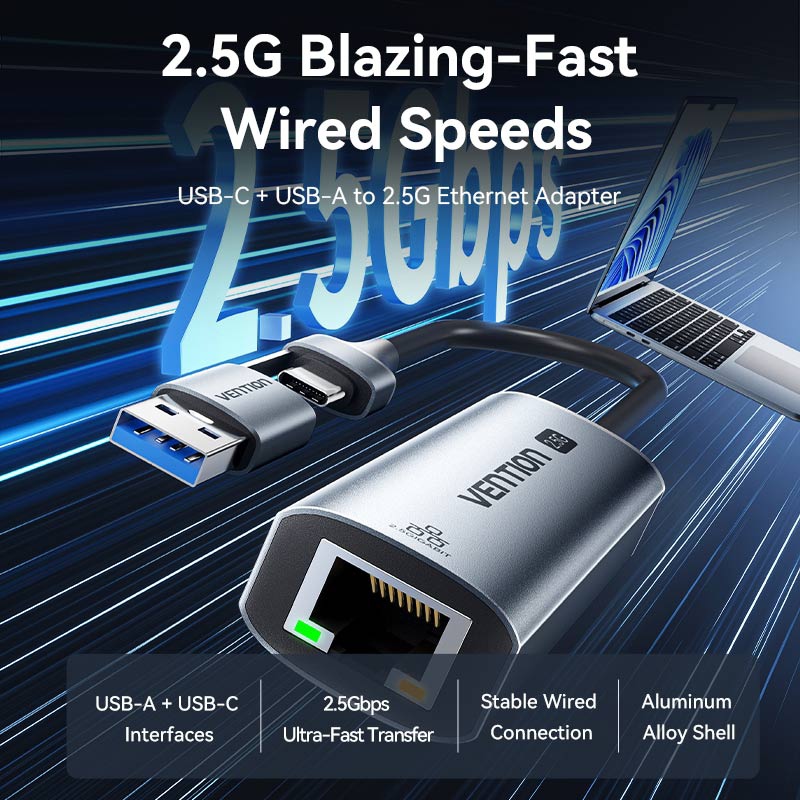 Перехідник USB-C/USB-A -- Ethernet RJ45 2500Mb 0.15м Aluminum Alloy Vention сірий (CFUHB) на малюнкі №4
