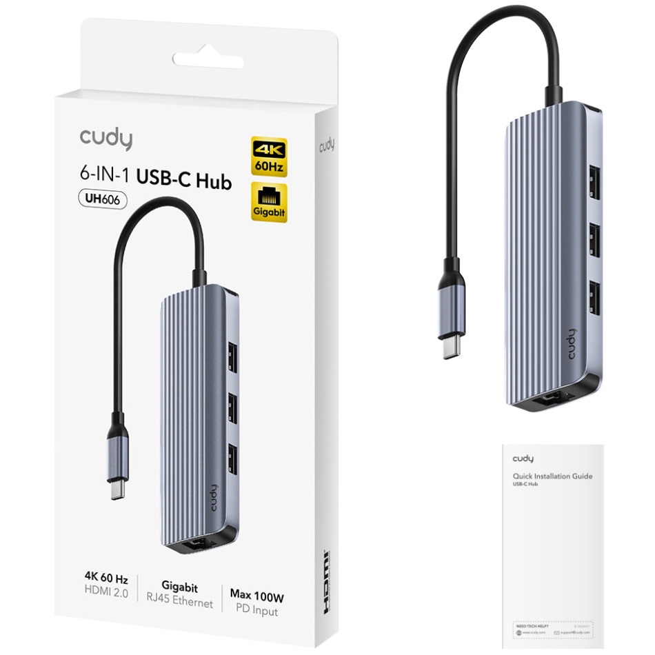 Хаб USB 3.0 Type-C - 3хUSB-A,1хUSB-C(5Гбіт/с), 1x4K@60Hz HDMI Port, 1xGig Ethernet port, алюмінієви (UH606) на малюнкі №2