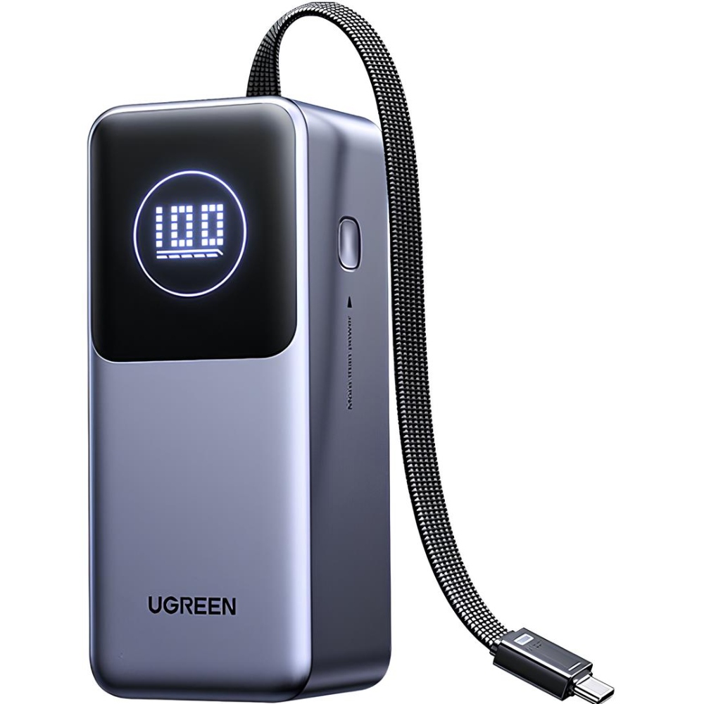 УМБ Ugreen 20000mAh 130W PD/QC, USB-A, USB-С In/Out with built-in USB-C cable (PB723) Gray (55365B) на малюнкі №1