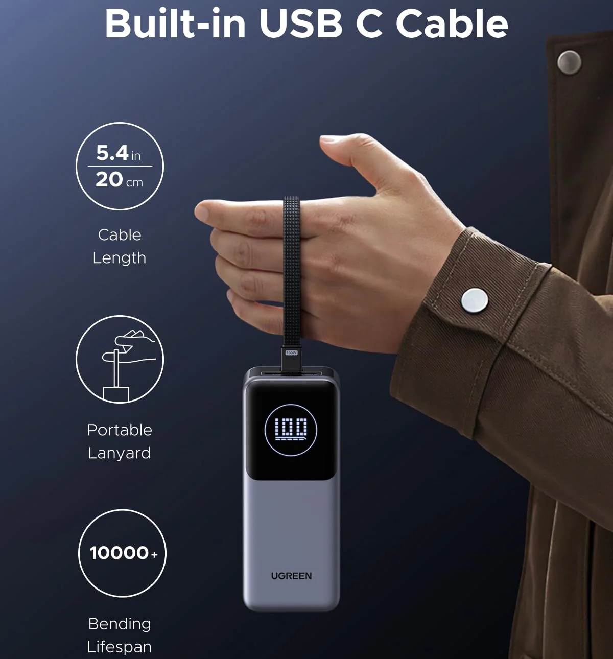 УМБ Ugreen 20000mAh 130W PD/QC, USB-A, USB-С In/Out with built-in USB-C cable (PB723) Gray (55365B) на малюнкі №3