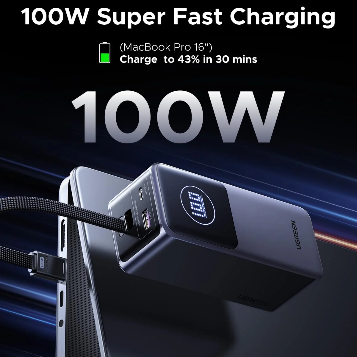 УМБ Ugreen 20000mAh 130W PD/QC, USB-A, USB-С In/Out with built-in USB-C cable (PB723) Gray (55365B) на малюнкі №4