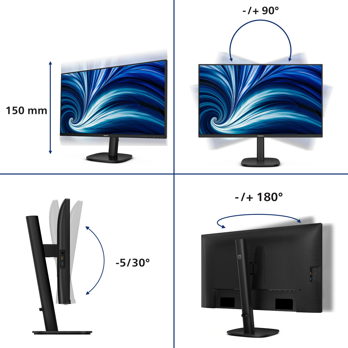 TFT 27 Philips 27B2U3601, QHD, IPS, 120Гц, HDMI, DP, USB-C, RJ-45, USB-hub, HAS,Pivot, кол. (27B2U3601/00) Чорний на малюнкі №8