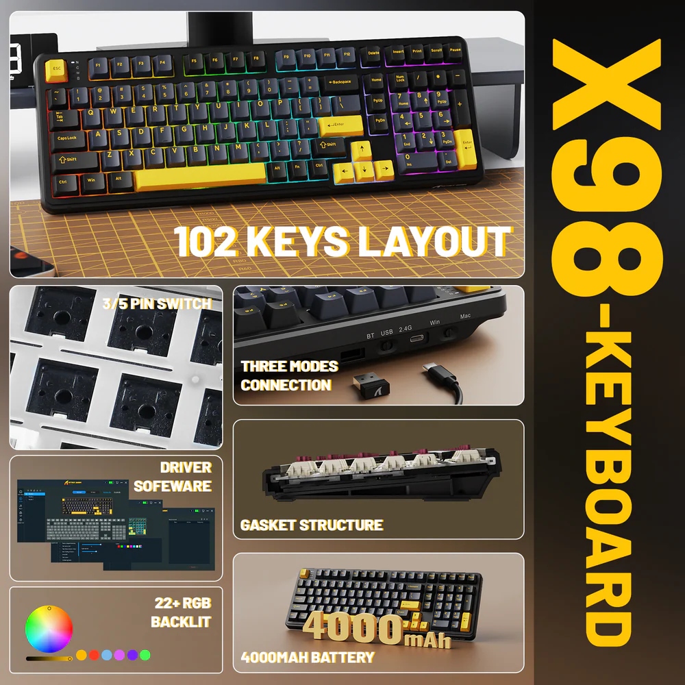 Клавіатура ігрова механічна Attack Shark X98 102кл. RGB, Wireless, Star Black (X98SB_AS) Чорний на малюнкі №3