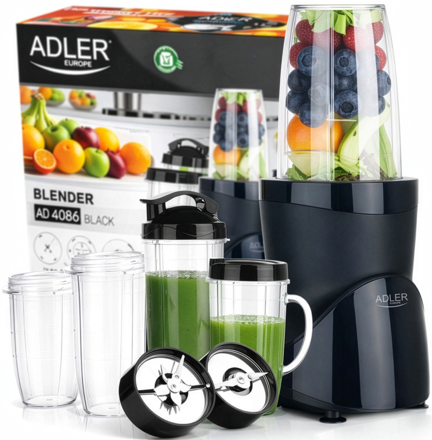 Фітнес-блендер Adler AD 4084 black 500Вт/ Pulse/ 4 скляні пляшки 700мл, 2x500мл, 300мл/ (AD4084BK) Чорний на малюнкі №7