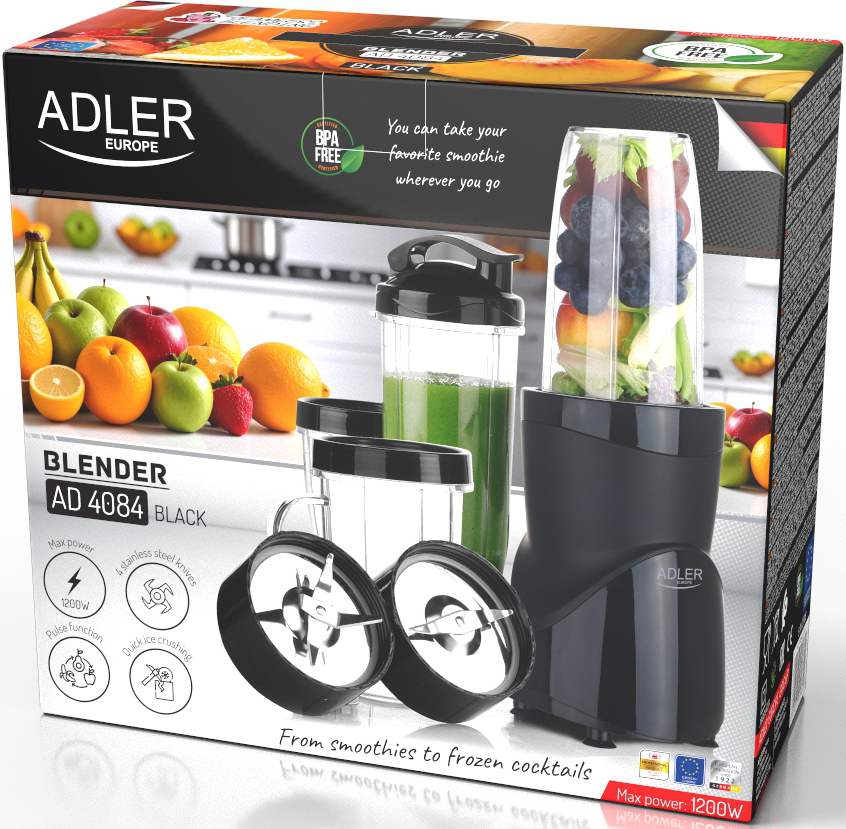 Фітнес-блендер Adler AD 4084 black 500Вт/ Pulse/ 4 скляні пляшки 700мл, 2x500мл, 300мл/ (AD4084BK) Чорний на малюнкі №10