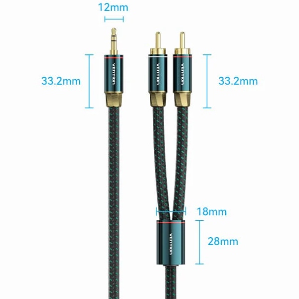 Кабель AUX Audio HiFi TRS 3.5мм - RCAx2 M/M 1.0м, OFC Silver, Cotton braided, зелений, Vention (BCSGF) Зелений на малюнкі №2