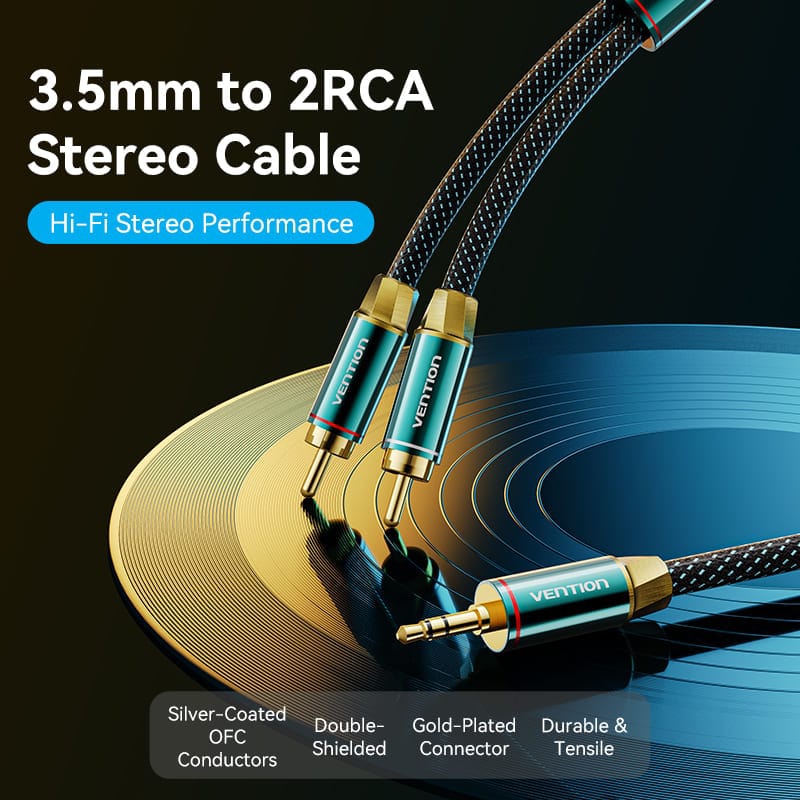 Кабель AUX Audio HiFi TRS 3.5мм - RCAx2 M/M 1.0м, OFC Silver, Cotton braided, зелений, Vention (BCSGF) Зелений на малюнкі №4