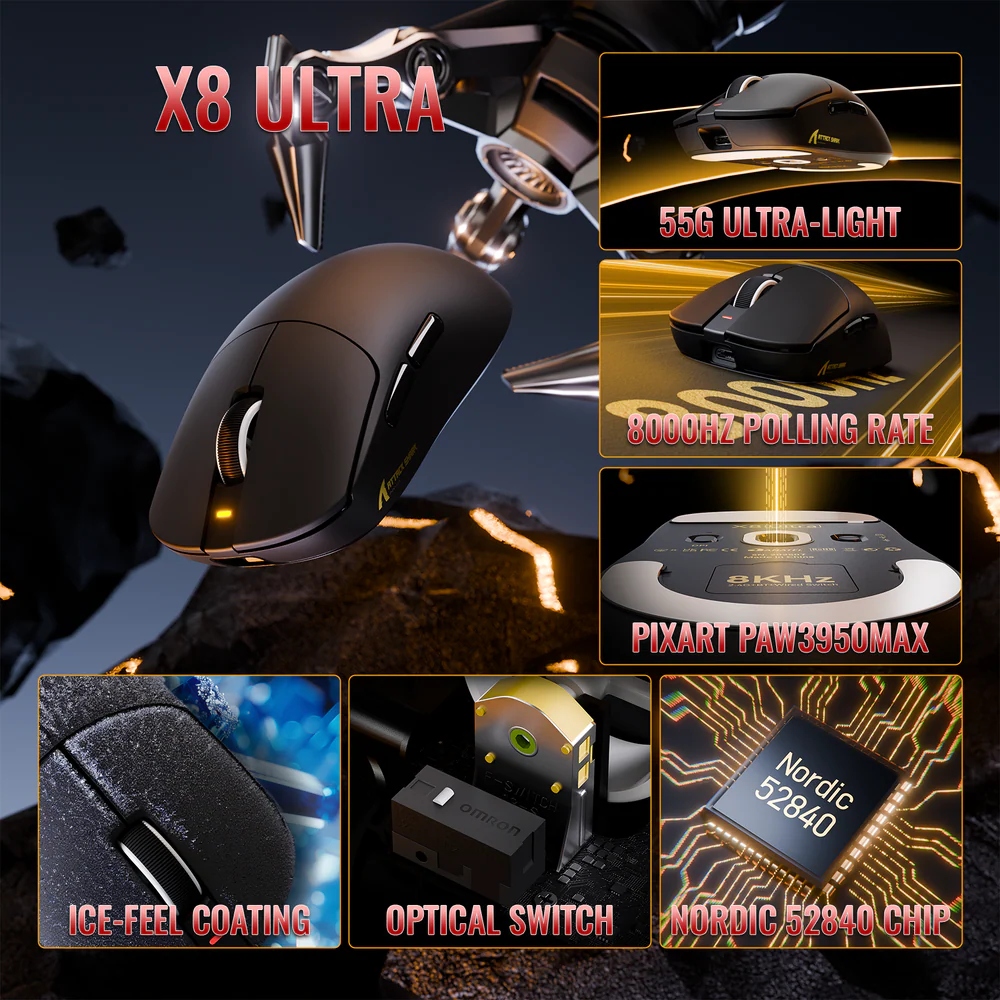 Мишка Attack Shark X8 ULTRA, Wireless/Bluetooth, 42000dpi. (PAW3950MAX), 6кн, Black (X8ULTRAB_AS) Чорний на малюнкі №4