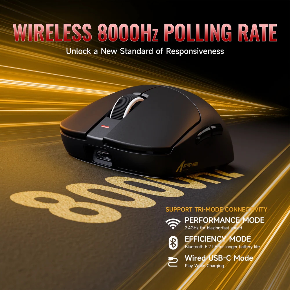 Мишка Attack Shark X8 ULTRA, Wireless/Bluetooth, 42000dpi. (PAW3950MAX), 6кн, Black (X8ULTRAB_AS) Чорний на малюнкі №5