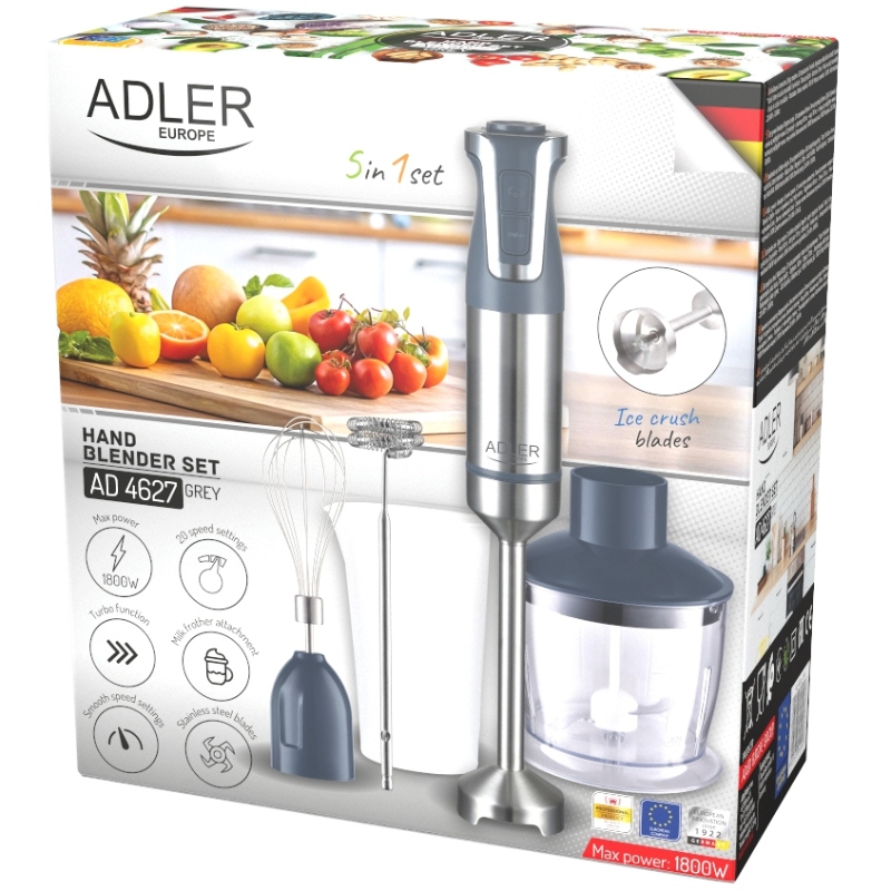 Блендер Adler AD 4627 grey ручний/ 1800Вт/ 20 швидк./ TURBO/ чаша для змішування 600мл (AD4627G) Сірий на малюнкі №10