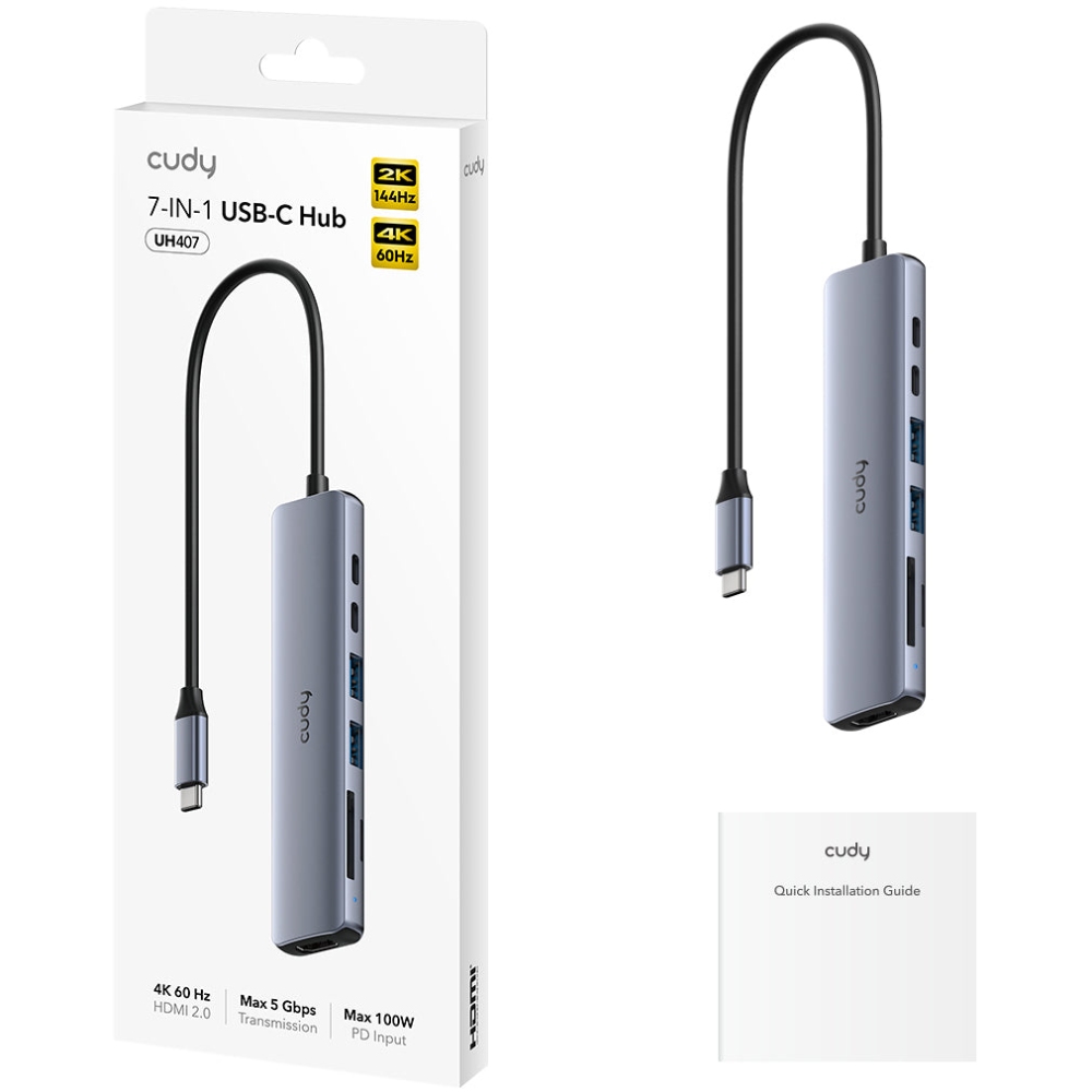 Хаб USB 3.0 Type-C - 2xUSB-A, 2xUSB-C, 1xHDMI 4K@60Hz SD-card, TF-card, алюмінієвий корпус, CUDY (UH407) на малюнкі №2
