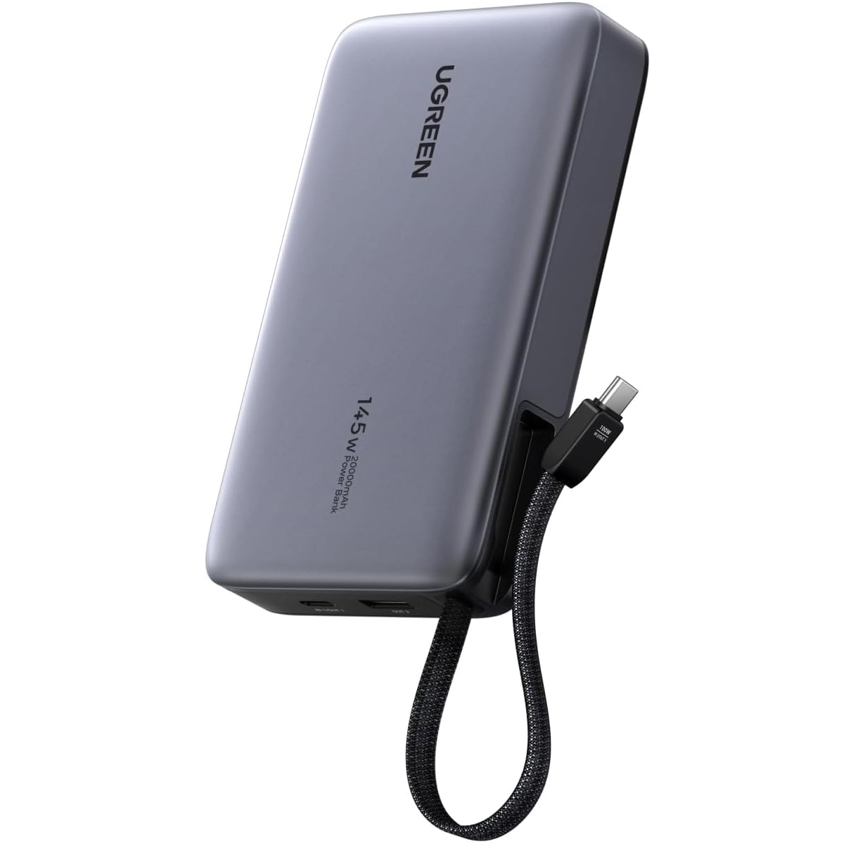 УМБ Ugreen 20000mAh 145W PD3.1.QC, USB-A,USB-С IN/OUT, with built in USB-C cable (PB551) Gray (55992B) на малюнкі №1