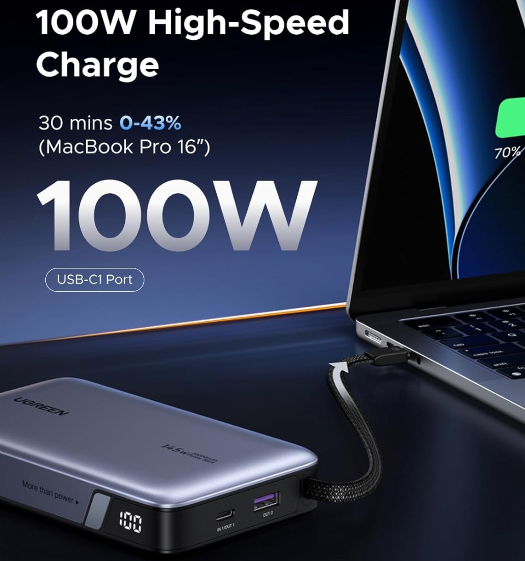 УМБ Ugreen 20000mAh 145W PD3.1.QC, USB-A,USB-С IN/OUT, with built in USB-C cable (PB551) Gray (55992B) на малюнкі №5