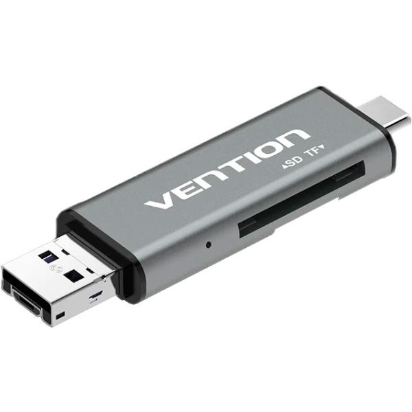 Card Reader USB 2.0, 2-слота SD/TF, USB-A/USB-C/Micro-B, Aluminum Alloy, чорний Vention (CCJH0) на малюнкі №1