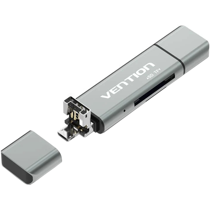 Card Reader USB 2.0, 2-слота SD/TF, USB-A/USB-C/Micro-B, Aluminum Alloy, чорний Vention (CCJH0) на малюнкі №2