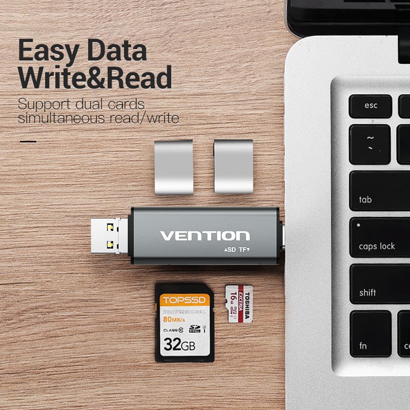 Card Reader USB 2.0, 2-слота SD/TF, USB-A/USB-C/Micro-B, Aluminum Alloy, чорний Vention (CCJH0) на малюнкі №4