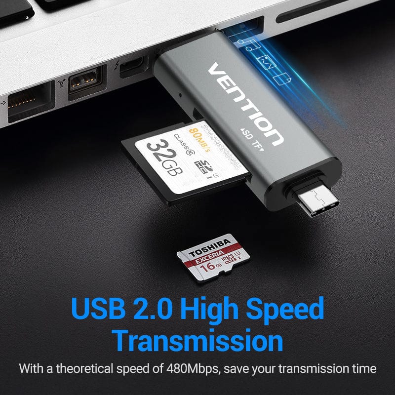 Card Reader USB 2.0, 2-слота SD/TF, USB-A/USB-C/Micro-B, Aluminum Alloy, чорний Vention (CCJH0) на малюнкі №5