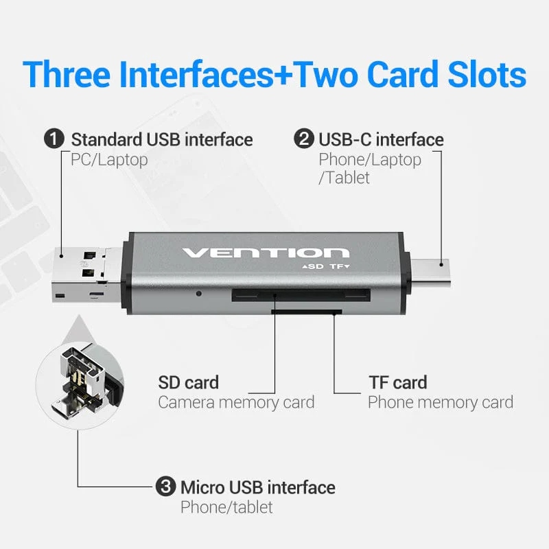 Card Reader USB 2.0, 2-слота SD/TF, USB-A/USB-C/Micro-B, Aluminum Alloy, чорний Vention (CCJH0) на малюнкі №6