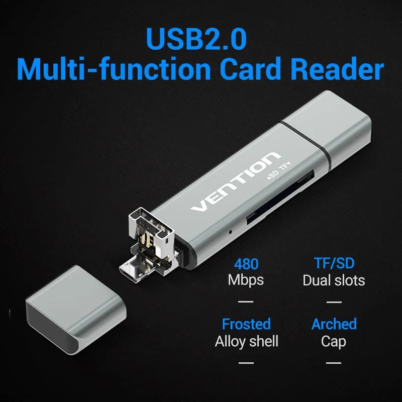 Card Reader USB 2.0, 2-слота SD/TF, USB-A/USB-C/Micro-B, Aluminum Alloy, чорний Vention (CCJH0) на малюнкі №8