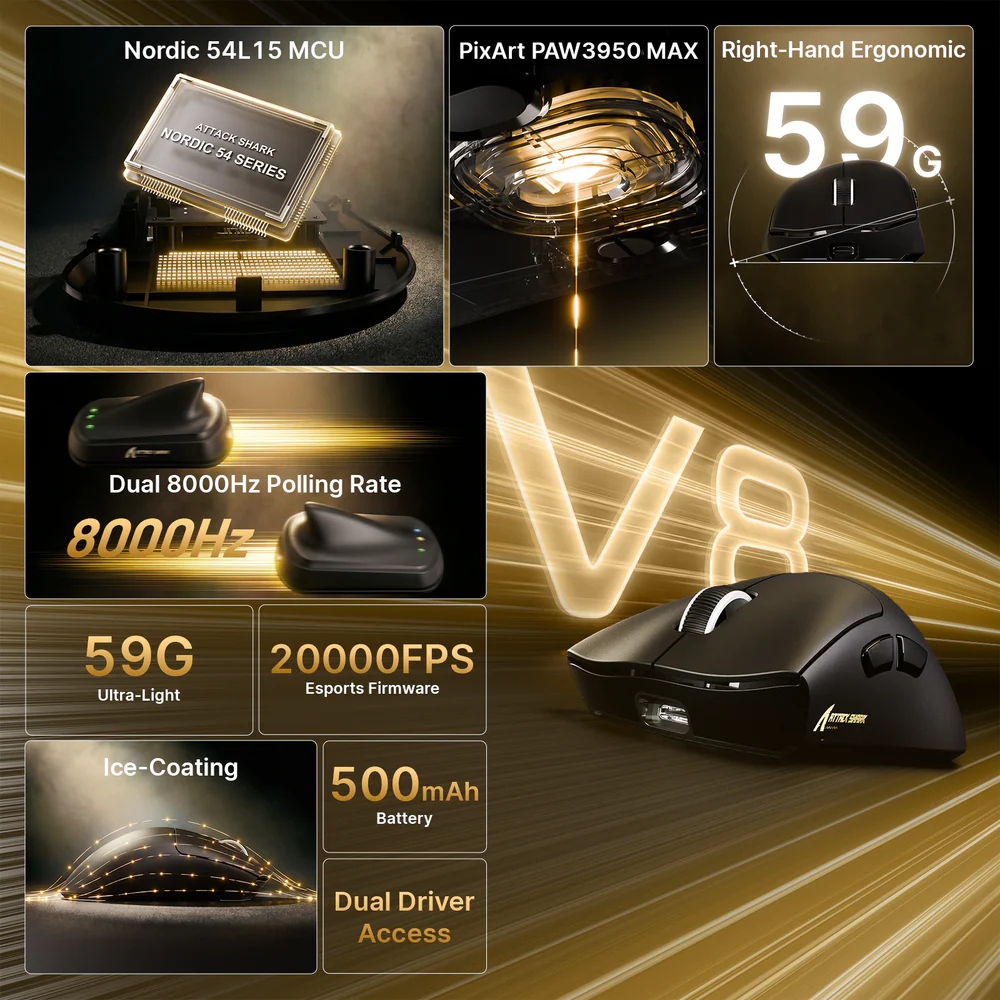 Мишка Attack Shark V8 Ultra-Light, Wireless/Bluetooth, 42000dpi. (PAW3950MAX), 6кн, Black (V8B_AS) Чорний на малюнкі №3