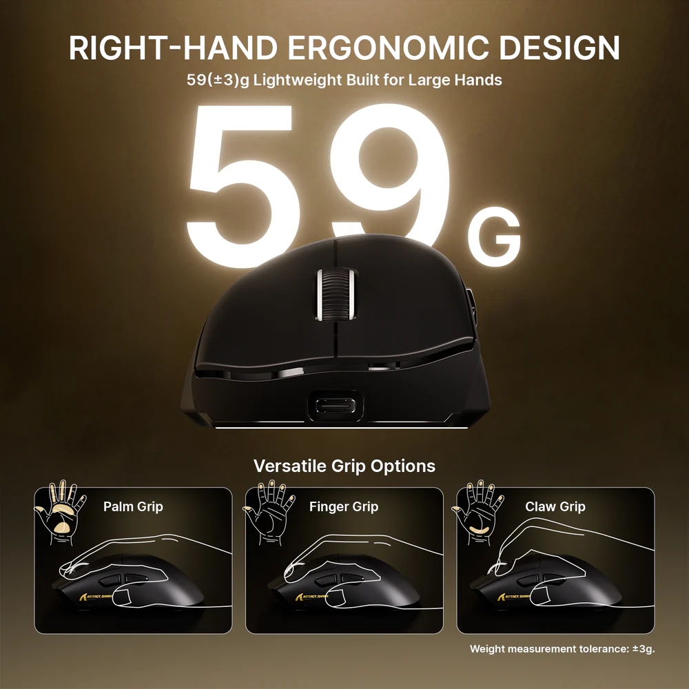 Мишка Attack Shark V8 Ultra-Light, Wireless/Bluetooth, 42000dpi. (PAW3950MAX), 6кн, Black (V8B_AS) Чорний на малюнкі №4