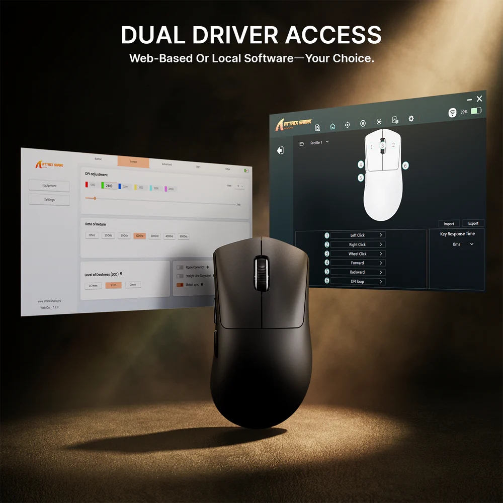 Мишка Attack Shark V8 Ultra-Light, Wireless/Bluetooth, 42000dpi. (PAW3950MAX), 6кн, Black (V8B_AS) Чорний на малюнкі №10