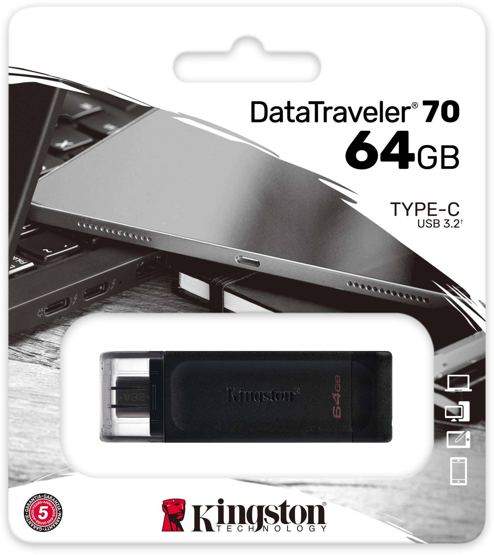 USB Flash Kingston 64GB USB-C 3.2 Gen 1 DataTraveler 70, Retail (DT70/64GB#) Чорний на малюнкі №3