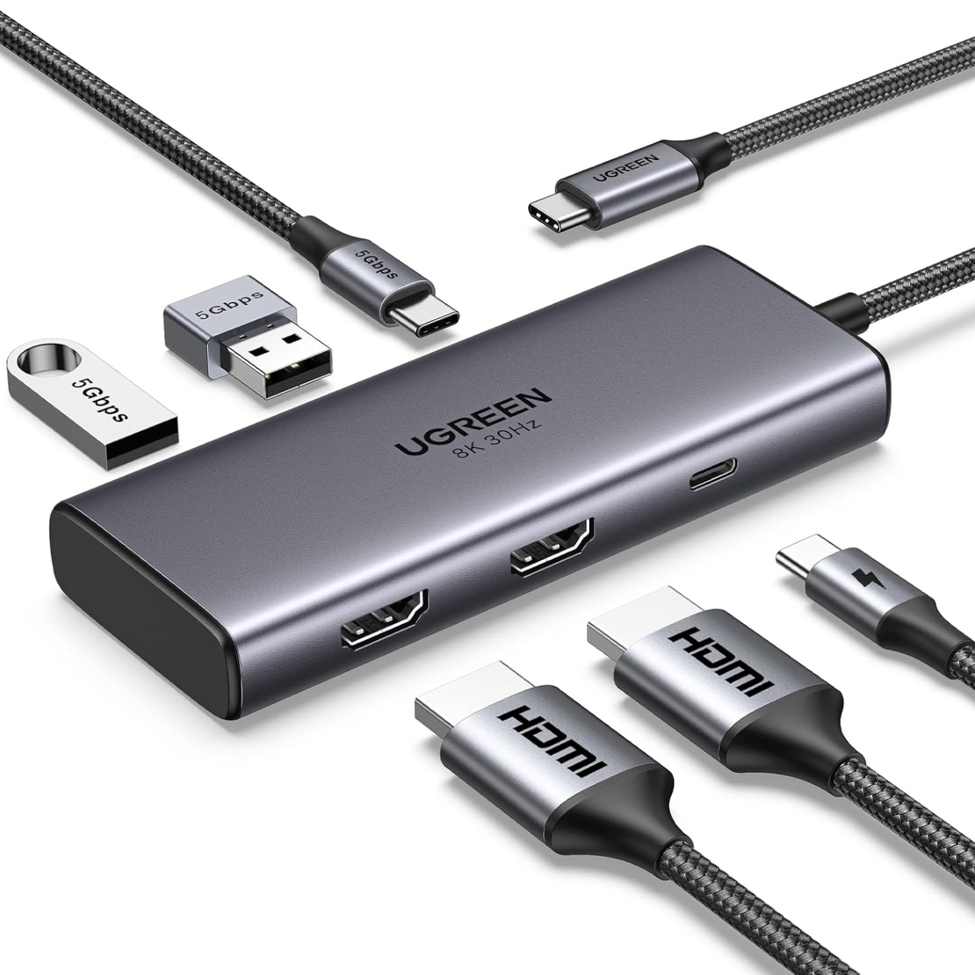 Док-станція USB3.1 Type-C -- HDMIx2,4K60Hz(8k30Hz)/USB3.0x2/Type-C/PD 100W CM498 6in1 Ugreen (15852#) на малюнкі №4