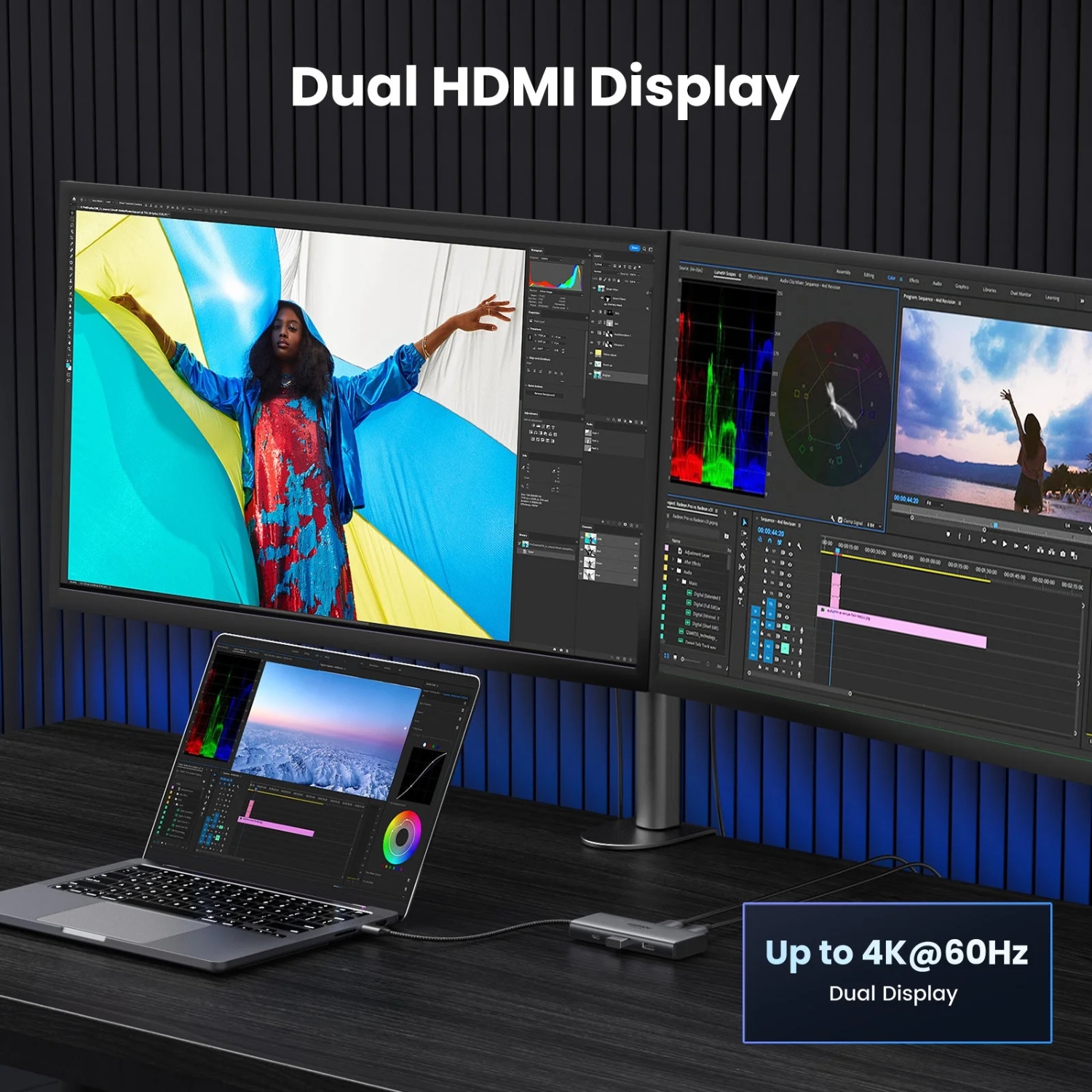 Док-станція USB3.1 Type-C -- HDMIx2,4K60Hz(8k30Hz)/USB3.0x2/Type-C/PD 100W CM498 6in1 Ugreen (15852#) на малюнкі №6